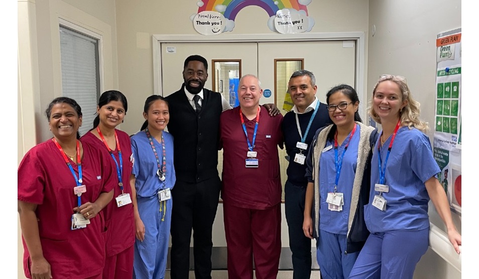 Matthew reunites with hospital staff Photo of Matthew and some of the hospital staff who treated and care for him