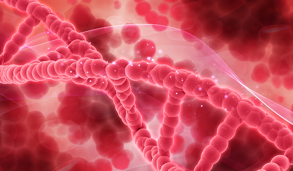 Visual of a DNA against a background of blood cells