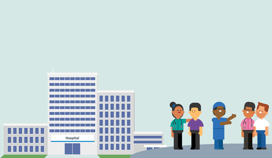 Graphic depicting hospital staff and external view of a hospital